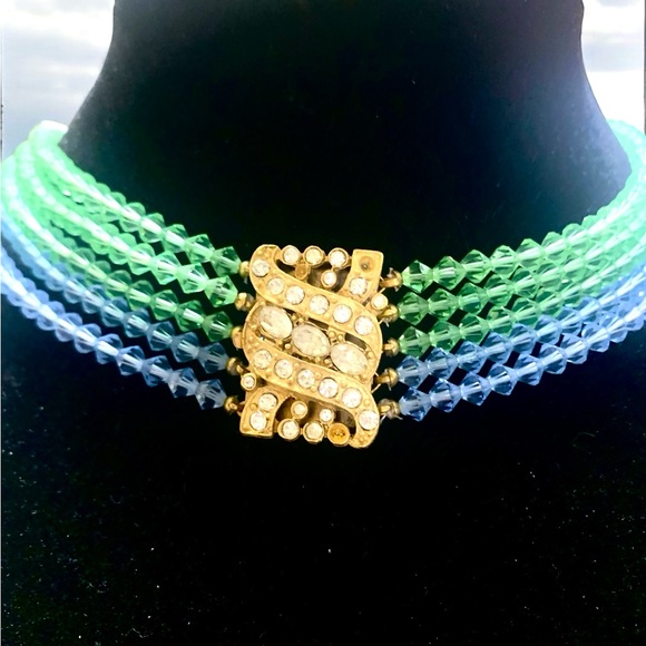 Vintage Blue & Green Glass Faceted Bead Multi-Strand Choker Collar Necklace - Picture 4 of 11